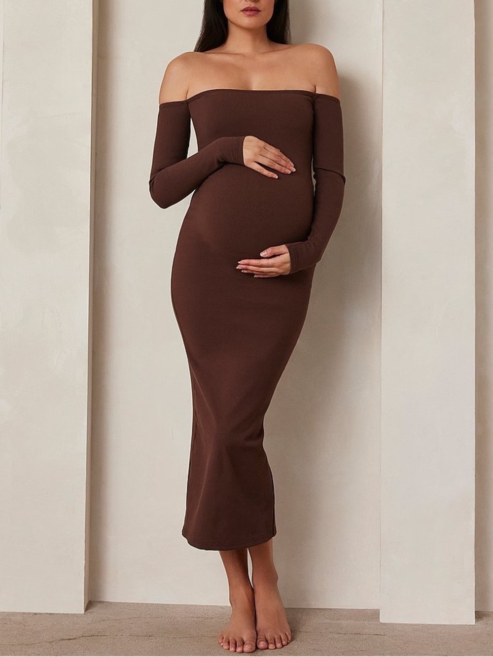 NWT Bumpsuit Sculpting Rib Off Shoulder Maternity Dress XS Brown Bodycon Midi